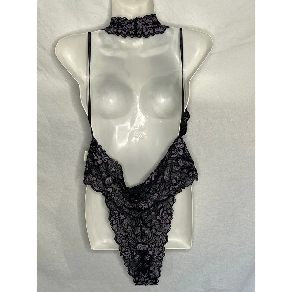 NWT Fredericks of Hollywood Halter Neck Lace Bodysuit XL Black Purple Lingerie